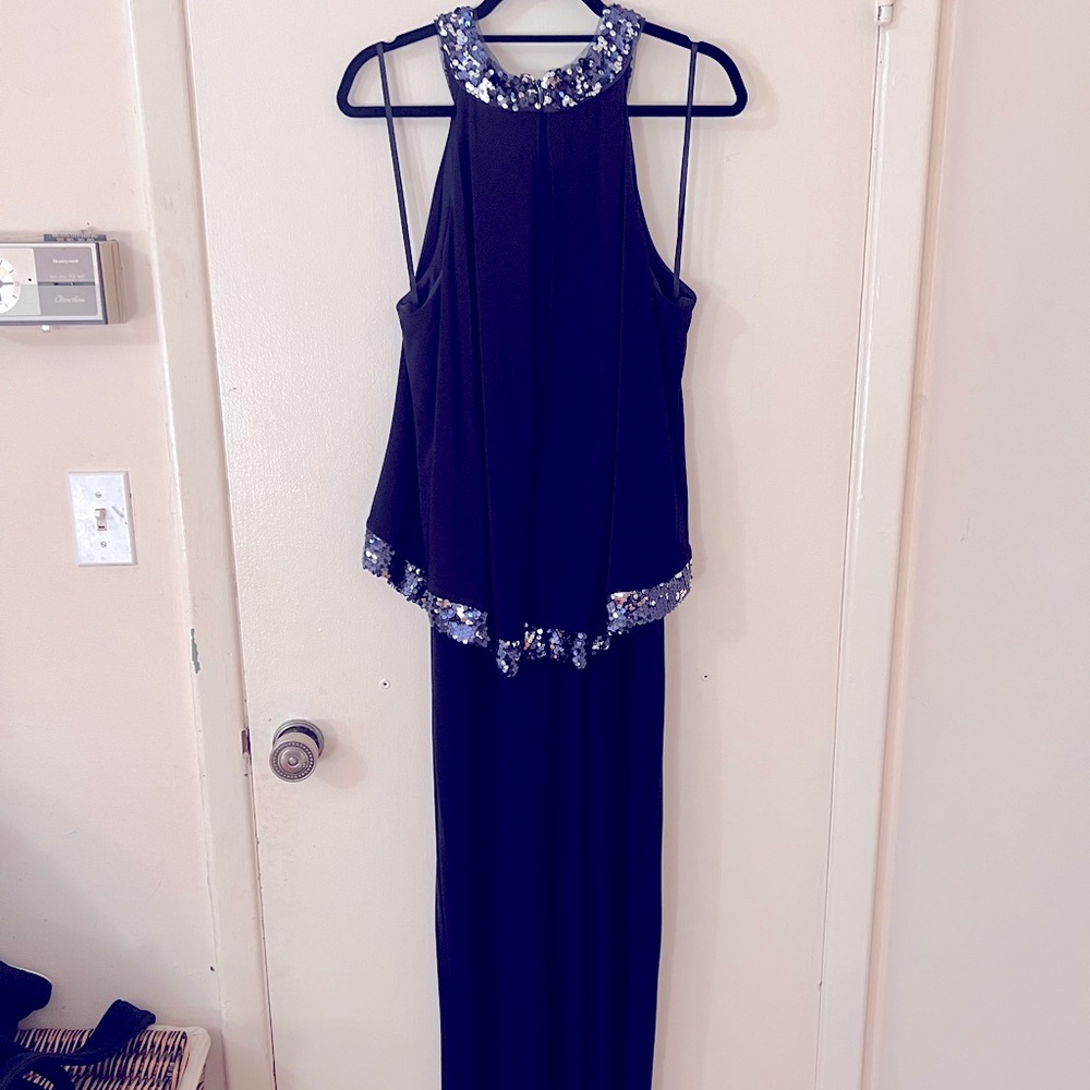 Onyx Nite size 14 Navy Halter Neck Maxi Evening Dress